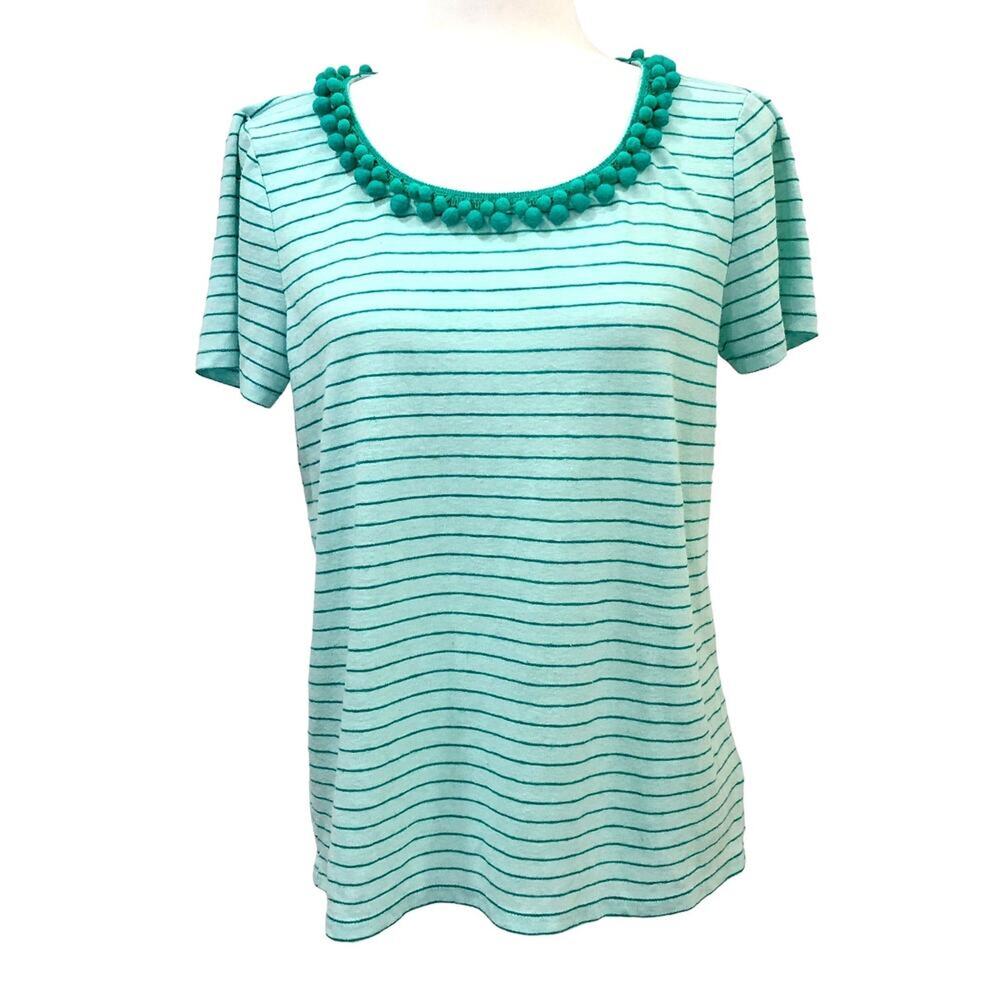 Talbots Green Striped Pom Pom Scoop Neckline Linen Blend T-shirt Top